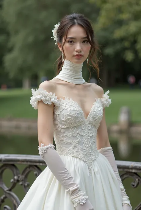 "A beautiful woman with an extremely long neck. She wears a wedding dress ,  completely white, with a tight high collar, corrugated , that wraps around and covers her entire long neck. The fabric of the dress is made of delicate lace and satin, with short ...