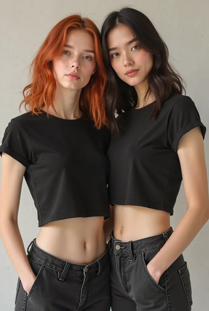 ** Description :**

Two women wearing black cotton crop tops, with short medium sleeves and round neck. One of them stands, with its back facing the spectator, while the other is looking directly forehead. . Both have a relaxed and natural posture, with re...