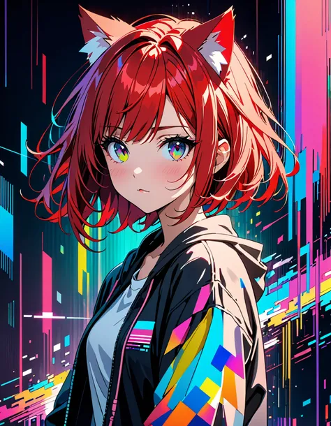 (masterpiece, top quality, best quality, official art, beautiful and aesthetic:1.2), 1girl, red hair, cat ears, (glitch art), (digital distortion), pixelated fragments, data corruption,colorful noise, visual chaos,contemporary aesthetics