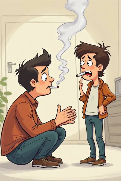 Create an image of a person smoking and the surrounding person gettinf disturbed by it in cartoon version

