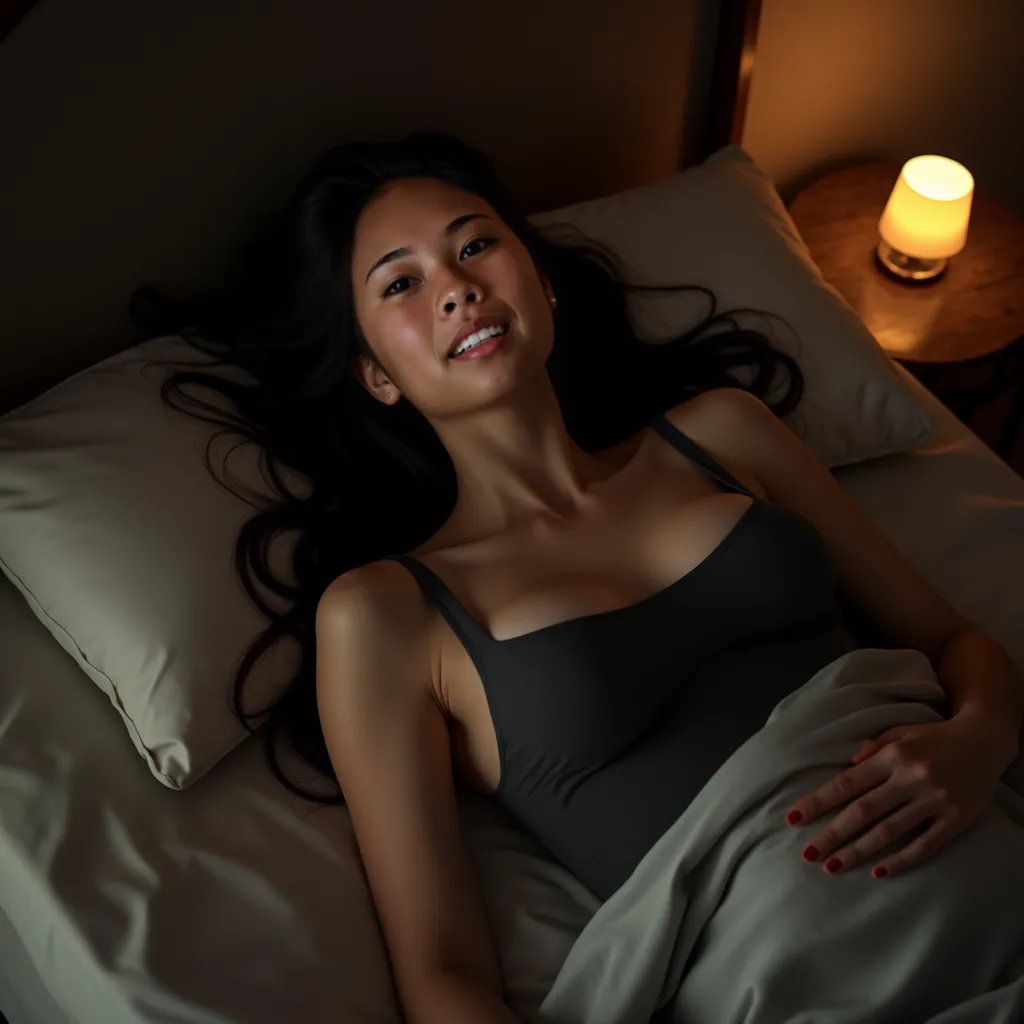 lying in bed, up very close, black long hair, bedroom night, huge tits, sexy cleavage, dark grey tanktop, thin body, winter, small lamp, eyes closed, shot from above, mouth wide open
