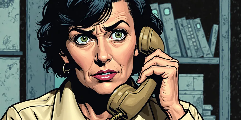 Leslie Thompkins talking on the phone, worried. COMIC STYLE