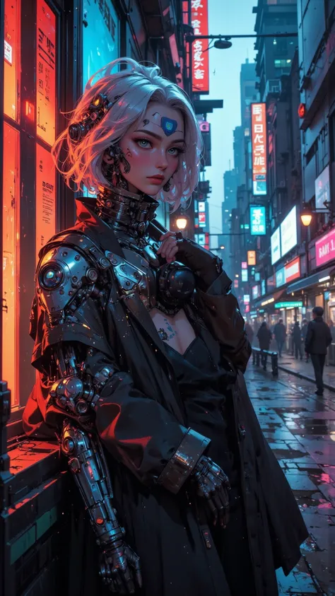 in a futuristic cityscape full of vitality and excitement，A woman with bright hair rests on a smooth neon Next to the building。She wears a high collar bubble coat with metal trim，Fusing future fashion with urban style。The metal mechanical enhancer on her b...