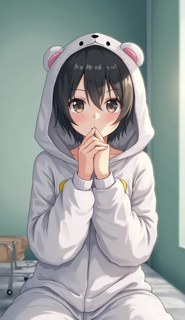  dark black hair, black eyes,Hospital room,1 girl, High Resolution, textured skin, very detailed, shortcut,Petite, Low, middle school student,No breasts,slender, short hair, after taking a bath,白蛇の Kigurumi pajamas,big hood,fluffy pajamas,fluffy pajamas,fl...