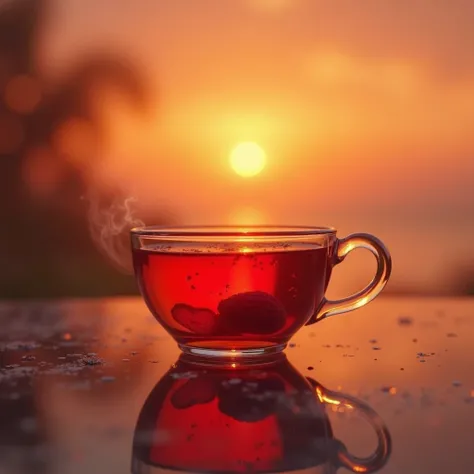 Generate a photograph of a cup of transparent tea with hot red fruit tea, In the background that this is a sunset that contains red tones, Representing tea 