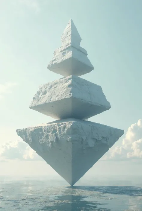 Pyramid like. Segmented into 3 floating layers, crown layer is not pointed. Crown layer is upside down 