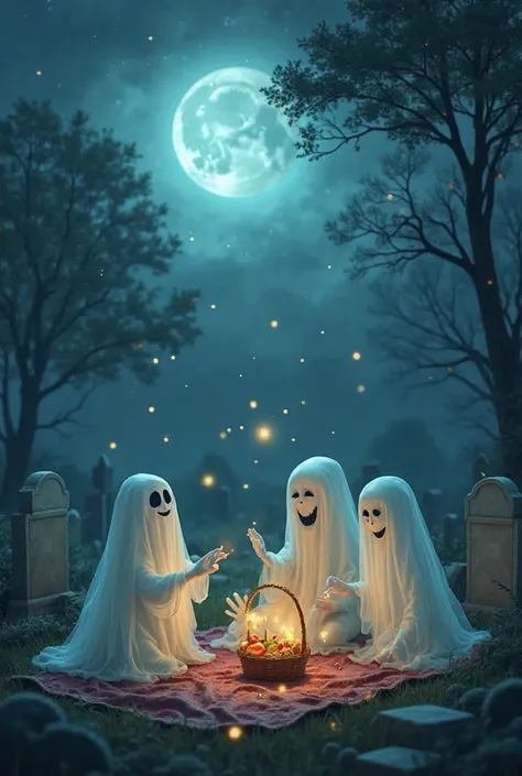 A spooky yet heartwarming scene of a ghost family having a picnic in a moonlit graveyard. The parents are semi-transparent, glowing softly, while their ghostly toddler chases glowing fireflies. A picnic basket floats in mid-air, and a spectral dog wags its...