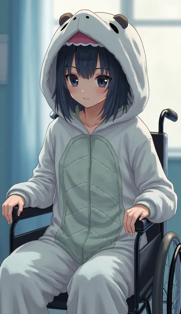  dark black hair, black eyes,Hospital room,1 girl, High Resolution, textured skin, very detailed, shortcut,Petite, Low, middle school student,No breasts,slender, short hair, after taking a bath,白蛇の Kigurumi pajamas,big hood,fluffy pajamas,fluffy pajamas, b...