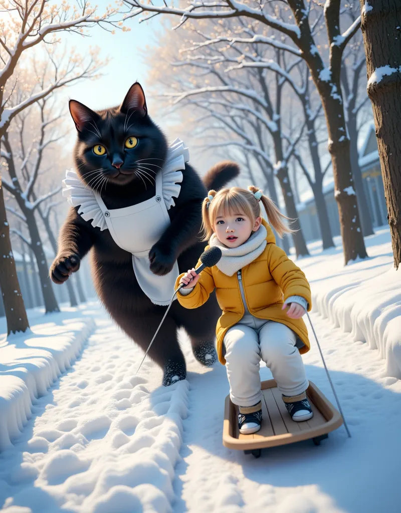 score_9,score_8_up,score_7_up,score_6_up,score_5_up,score_4_up,source_real photo,Ultra-realistic,Photorealistic,Ultra-realistic,Photorealistic,Dramatic Scene,Global Illumination, A huge black cat and a girl about  are playing in the snow in a snow-covered ...