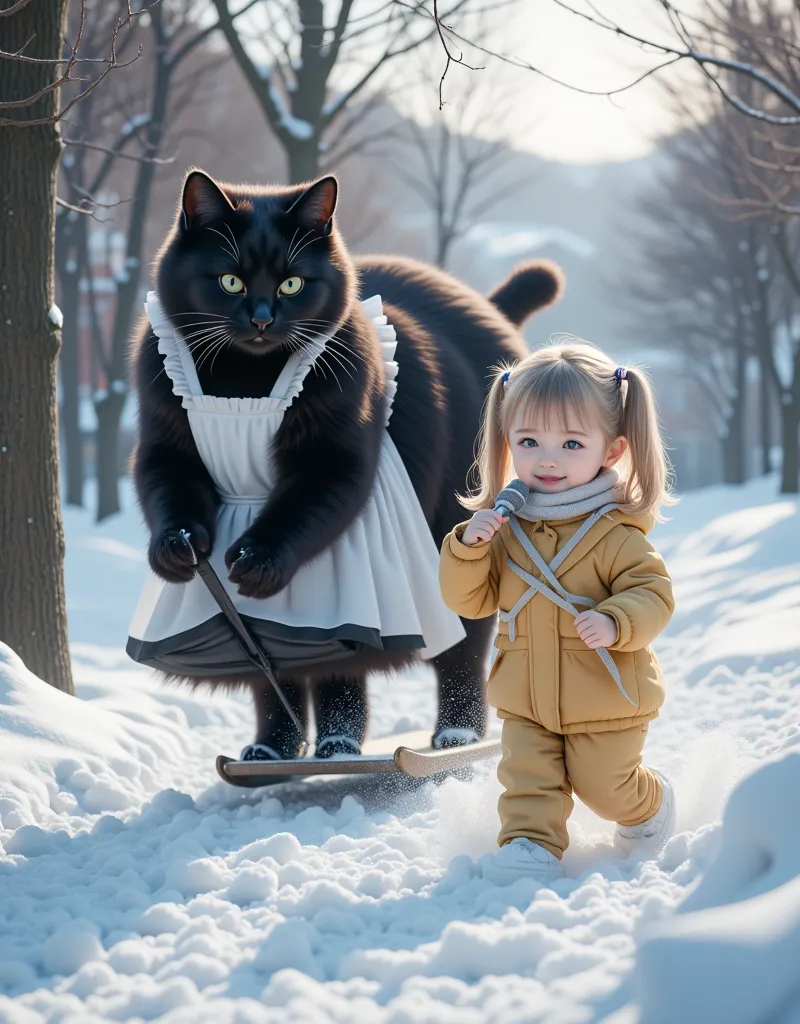 score_9,score_8_up,score_7_up,score_6_up,score_5_up,score_4_up,source_real photo,Ultra-realistic,Photorealistic,Ultra-realistic,Photorealistic,Dramatic Scene,Global Illumination, A huge black cat and a girl about  are playing in the snow in a snow-covered ...