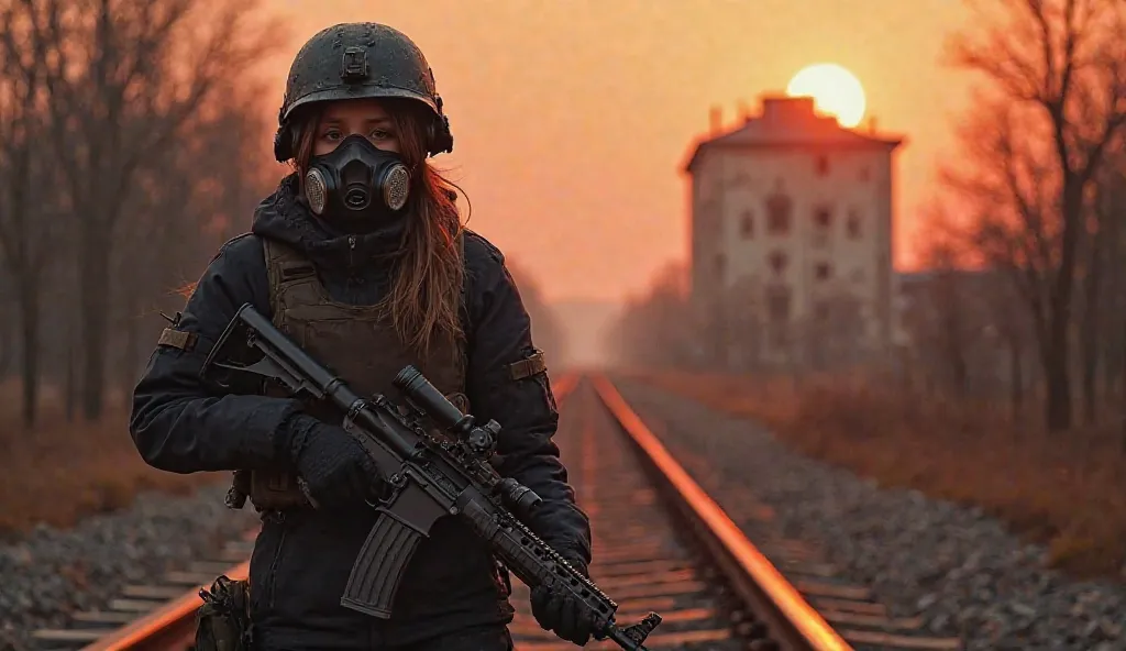 A militarized girl in black military clothes wearing a bulletproof vest wearing a special forces helmet,  holding a sniper rifle .  The girl is wearing a gas mask , a girl walks through the abandoned city of Pripyat. Old buildings and nine-story city build...