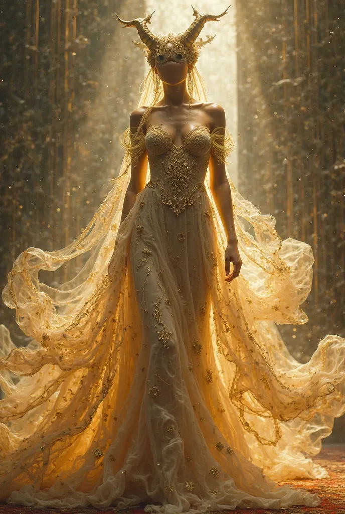 Show me a faceless female demon in a gold and white dress