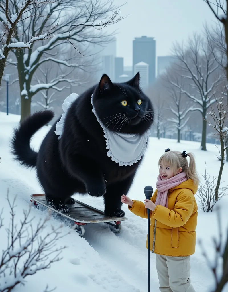 score_9,score_8_up,score_7_up,score_6_up,score_5_up,score_4_up,source_real photo,Ultra-realistic,Photorealistic,Ultra-realistic,Photorealistic,Dramatic Scene,Global Illumination, A huge black cat and a girl about  are playing in the snow in a snow-covered ...