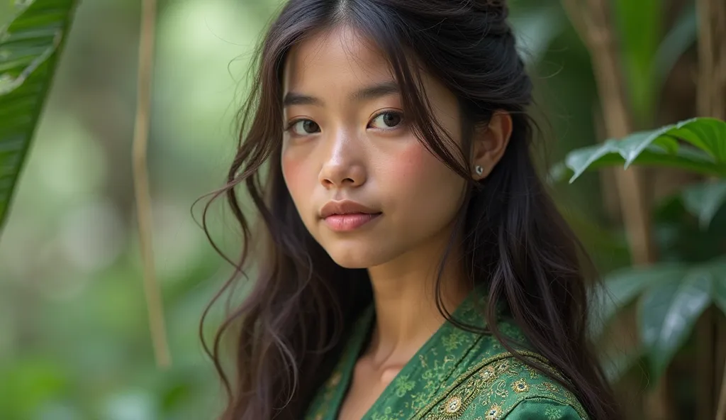 (photorealism:1.2), medium shot. Young Javanese girl, 25 years old, innocent face and full of hope, wearing a simple green kebaya with batik cloth. Her hair is long and flowing. 