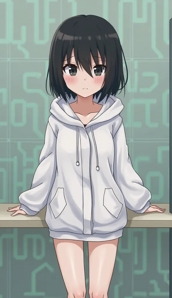  dark black hair, black eyes,Hospital room,1 girl, High Resolution, textured skin, very detailed, shortcut,Petite, Low, middle school student,No breasts,slender, short hair, after taking a bath,White snake costume pajamas,big hood,Fluffy, squishy,Baggy,sna...