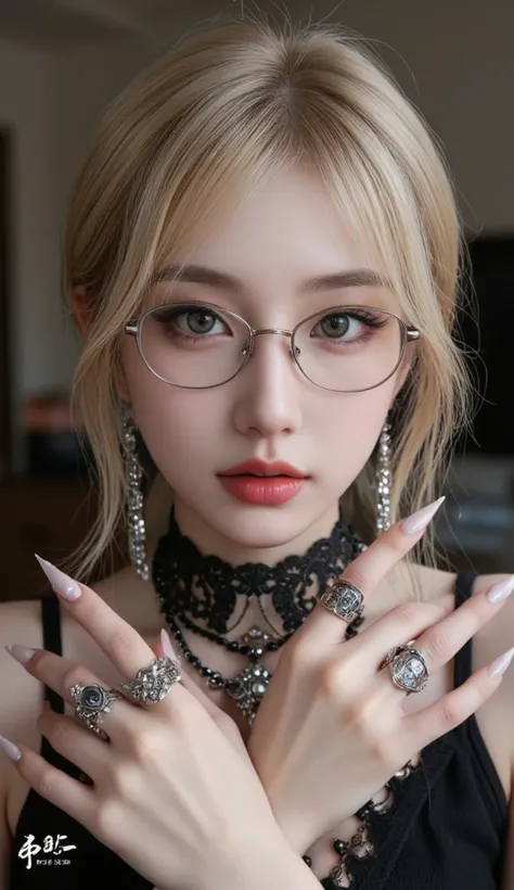 beautiful korean with long sharp fingernails, blonde hair, glasses, long earrings, necklace, gothic rings on finger