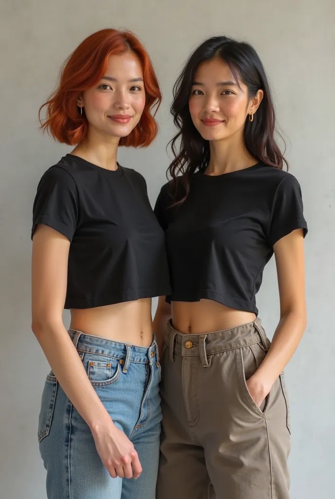 ** Description :**

Two women wearing black cotton crop tops, with short medium sleeves and round neck. One of them stands, with its back facing the spectator, while the other is looking directly forehead. . Both have a relaxed and natural posture, with re...