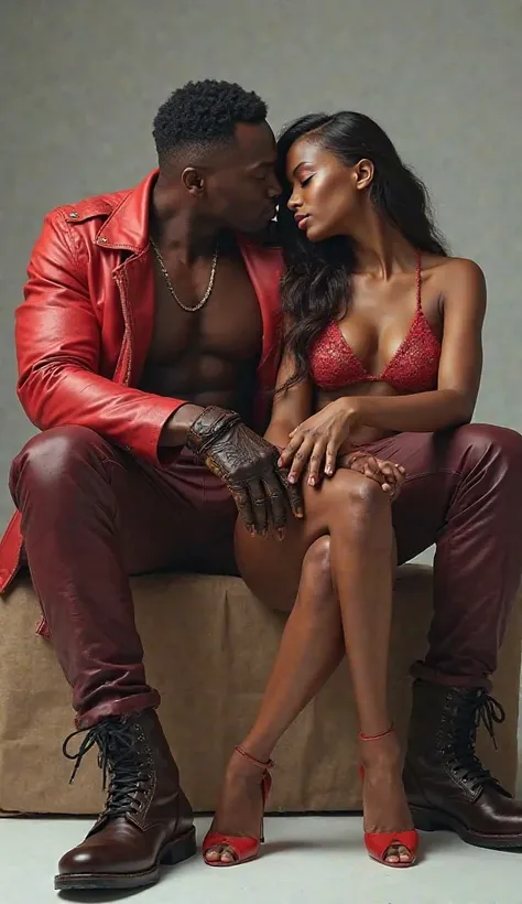 A gay african muscular man wearing a red leather jacket and maroon leather pants, leather gloves, boots and a femboy wearing a bikini sit in chair . Not woman no woman