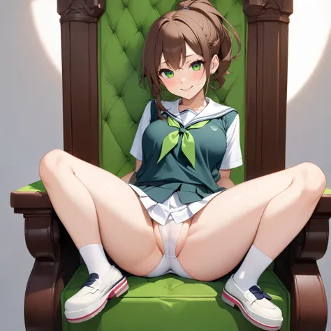 High resolution, high quality, HD, beautiful female, 1 female, beautiful, ager, mischievous, smiling, medium breasts, brown hair, ponytail hairstyle, green colored eyes, school uniform, slutty, sexy, spread legs, sitting on a throne