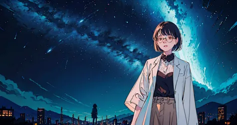 High-quality, beautiful illustration of a beautiful 20-something woman wearing revealing clothes and glasses standing coolly against a background of stars in the beautiful night sky and a distant urban nightscape. Shooting stars and the Milky Way are vivid...