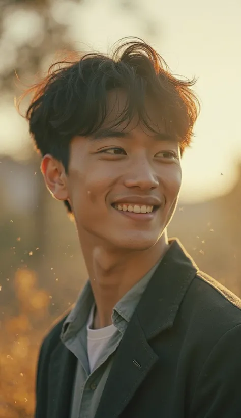 A realistic film-camera-style photograph with a soft, out-of-focus effect. The image captures of a young man in 10s, looks like k-pop idol,looking and smile, The scene has a nostalgic, dreamy atmosphere, with warm and natural lighting,up-close