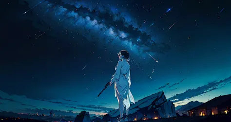 High-quality, beautiful illustration of a beautiful 20-something woman wearing revealing clothes and glasses standing coolly against a background of stars in the beautiful night sky and a distant urban nightscape. Shooting stars and the Milky Way are vivid...