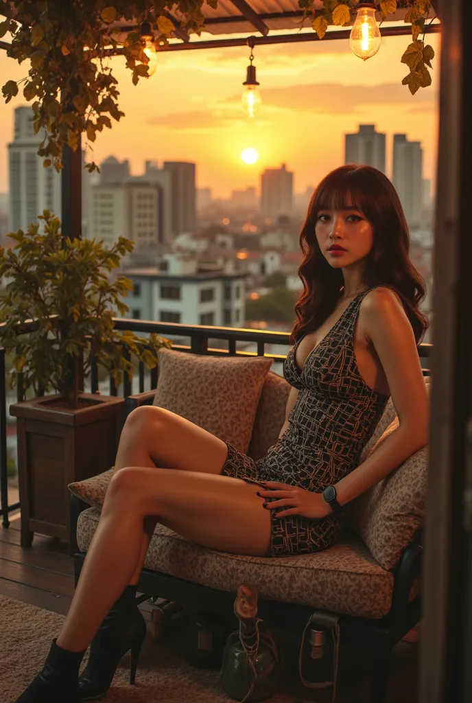 Cityscape, Homey city  home, Flash photography, gyaru, Aesthetically pleasing cinematic composition, epic perspective, dramatic lighting and shadows, symmetrical and detailed, Cute girl with small perky breasts in a black and white geometric print summer d...