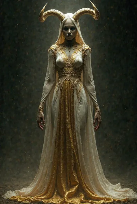 Show me a grotesque faceless female demon in a gold and white dress 