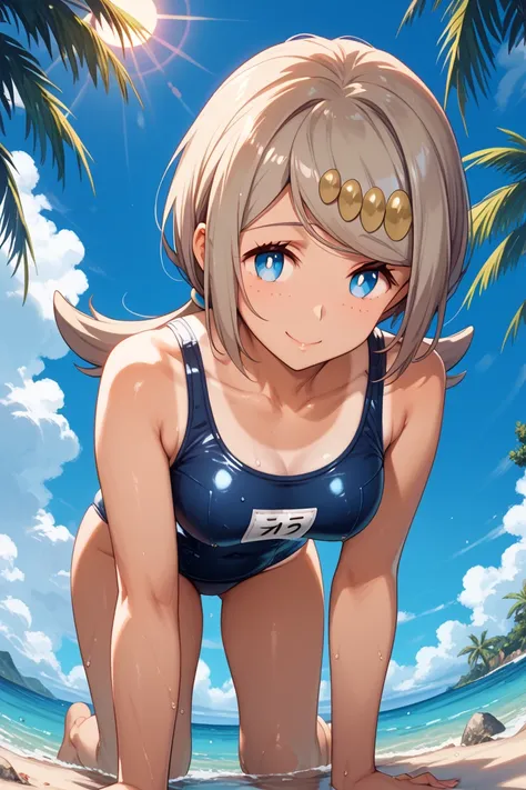 lana's mother (pokemon), tanlines, tanlines, adjusting swimsuit, leaning forward, school swimsuit, shiny swimsuit, from below, all fours, 