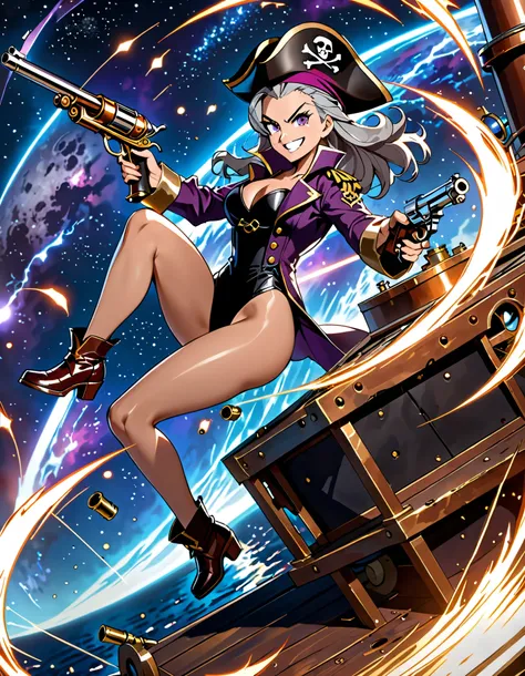 masterpiece, high quality, high resolution, highly detailed, Mature Woman， one person， long and shiny hair， v-shaped eyebrows, purple eyes, grin, Grey Hair, lips， space, pirate ship background, purple Pirate Captain Costume, pirate hat， black leotard, bare...