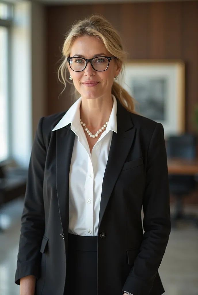 Experienced blond English female, 49yrs, receptionist,hair tied up away from face and neck, standing, wearing attractive spectacles, white cotton pointed collar blouse, underneath a black blazer, with the shirt collar out over the lapels, pearl necklace, e...