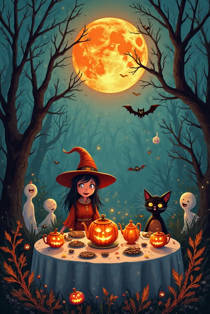 A whimsical and spooky tea party hosted by a cheerful witch in a haunted forest. The table is set with glowing pumpkin teapots and cookies shaped like bats. Ghosts, goblins, and a talking black cat are enjoying the party. The trees around them have glowing...