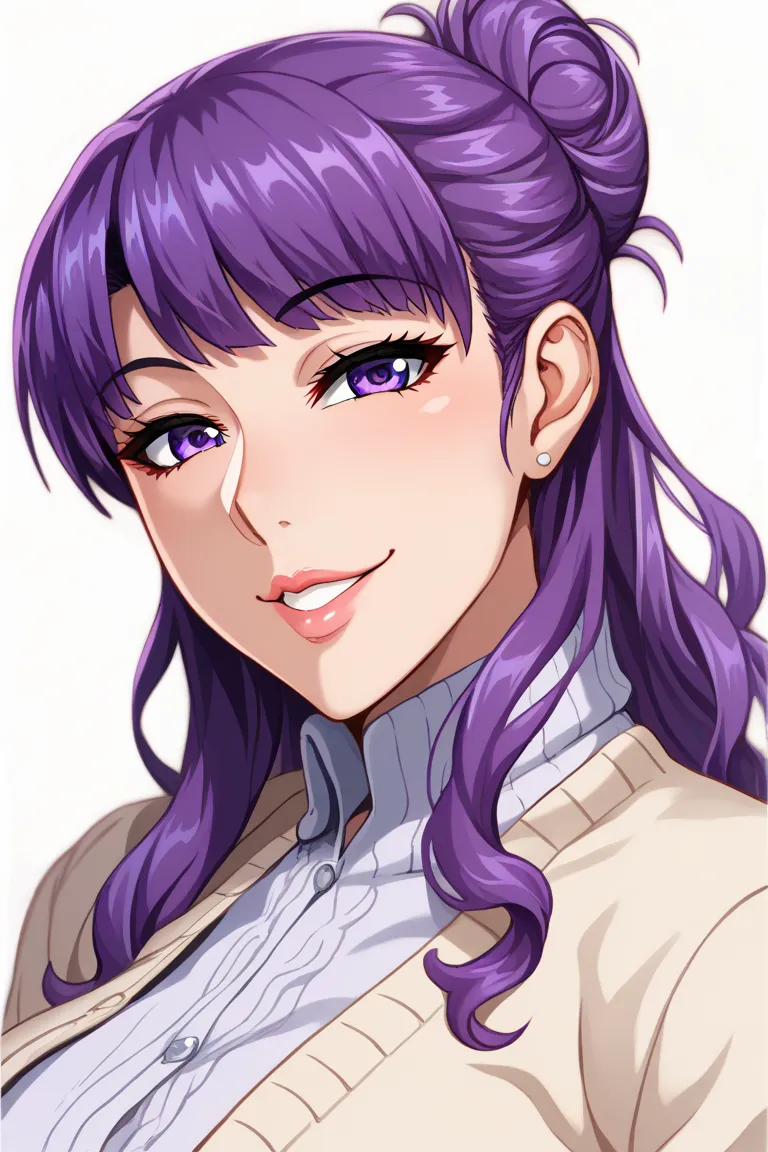 Neromashin style,anime,high quality,best quality,1 girl,(1 girl,Kujo Yukie,36 year's old,purple hair, medium long hair, single hair bun, half smile,purple eyes,full lips, cardigan,)