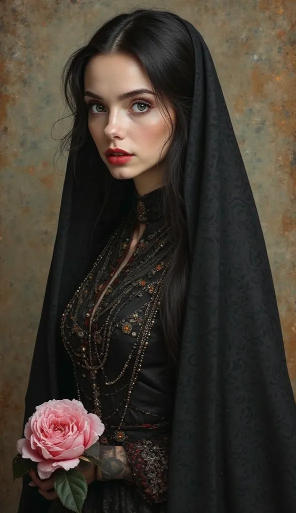 Women ( ) black hair ( Long and straight )  with a black veil , dark blue eyes ( shiny ) (hunter) light red lips ( small ) with a slender face and a slender body with Ottoman dress combined with medieval. Old painting perspective (cool colors) That you're ...