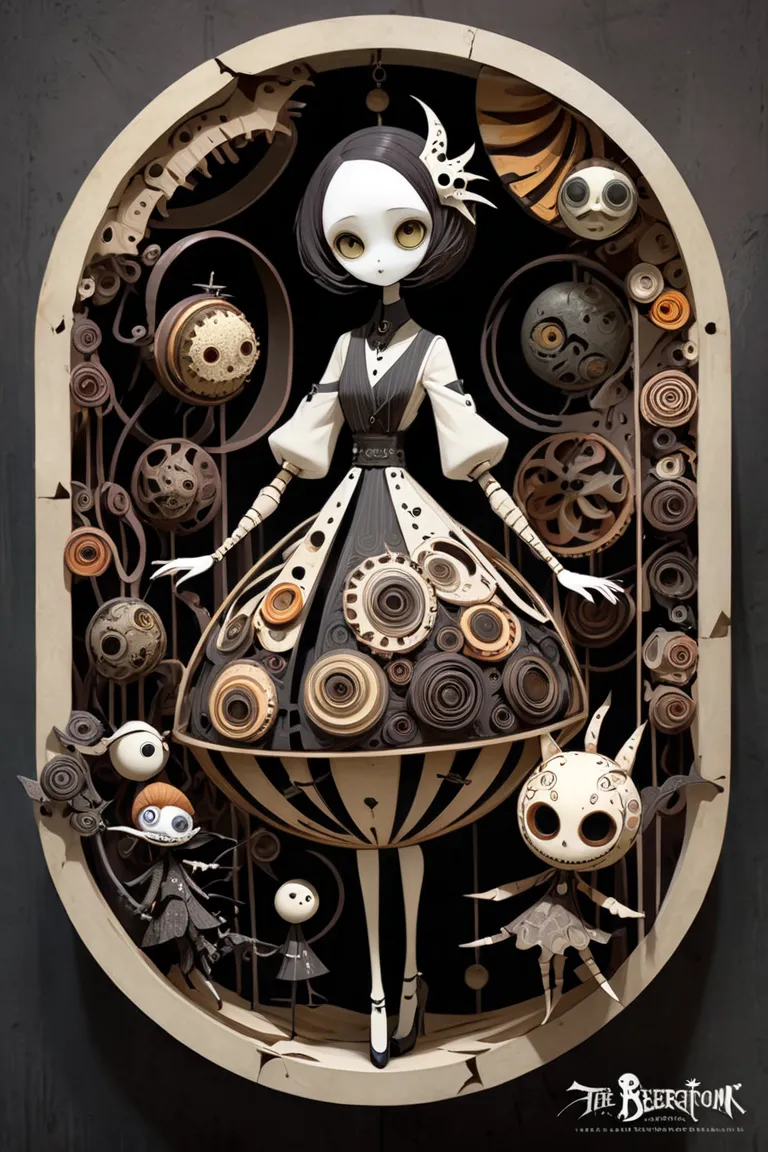 (masterpiece、Highest quality)、Super Detail、 HIGHEST DETAILS 、 Tim Burton Style、The Masked Girl、Girl with spherical joints and automata、layered sculpture 、body horror、Avant-garde、Concept Art、Mysterious and beautiful、dark fantasy、Fossil、 art deco 、Layered Cu...