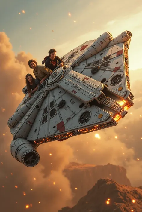 Millennium Falcon taking off with Anakin, luke, Leia, Obi-Wan, Han and Chewbacca on board.
