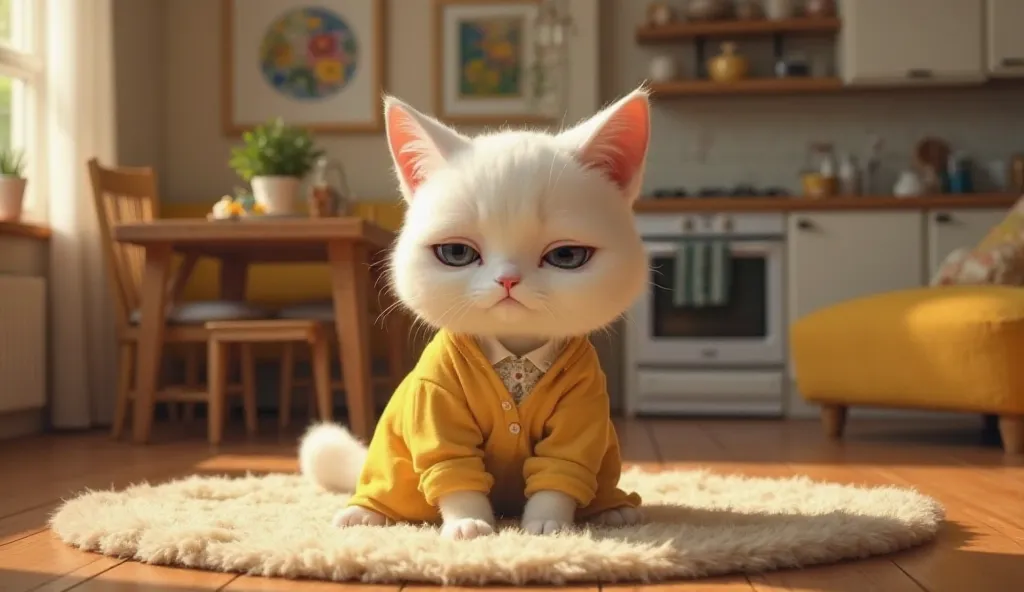 A white anthropomorphic cat with soft fur, wearing a yellow vintage-style dress, is kneeling on a wooden floor in a well-lit, cozy living room. Her expression is filled with sadness and exhaustion, one eye slightly teary. Her delicate paws are placed on th...