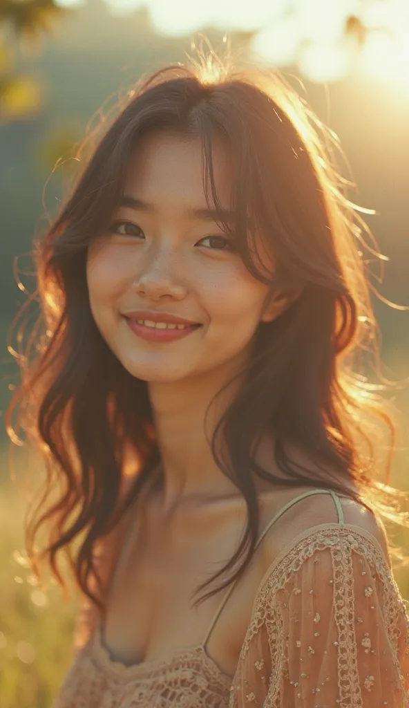 A realistic film-camera-style photograph with a soft, out-of-focus effect. The image captures of a young woman in 10s, looks like k-pop idol,looking and smile, The scene has a nostalgic, dreamy atmosphere, with warm and natural lighting,