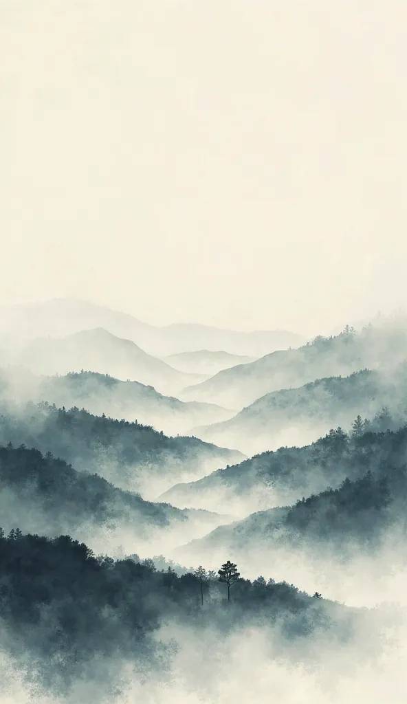 Give me an ink painting，Hills and smoke in the distance，A little hazy 