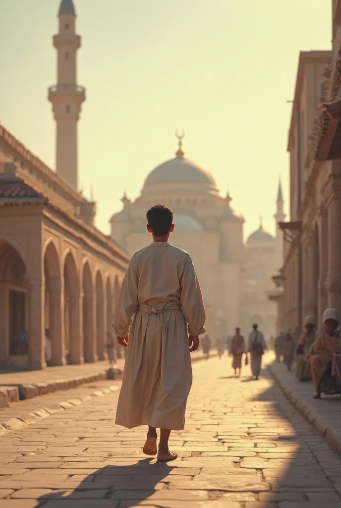 A little  is walking towards the mosque on foot."