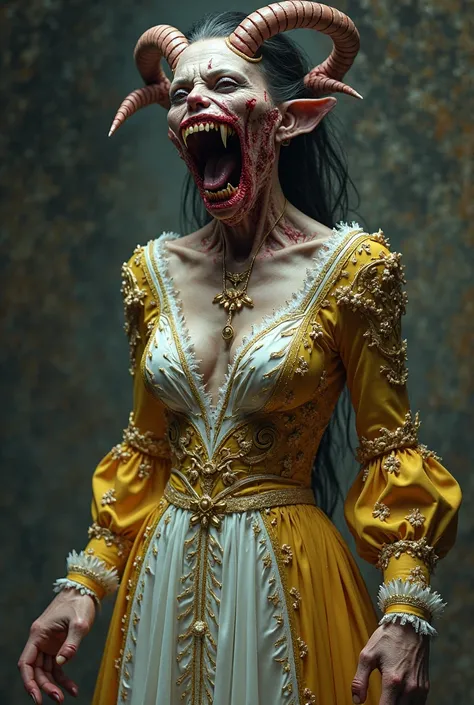 Show me a grotesque female demon with her face mangled in a gold and white dress 