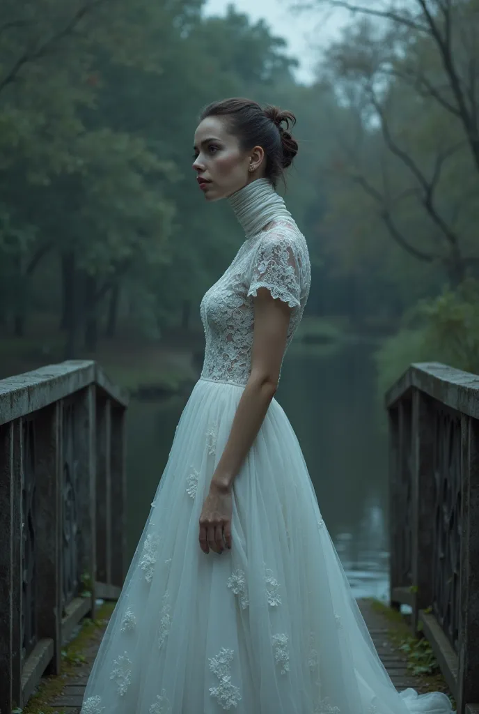 "A beautiful woman with an extremely long neck. She wears a wedding dress ,  completely white, with a tight high collar, corrugated , that wraps around and covers her entire long neck. The fabric of the dress is made of delicate lace and satin, with short ...