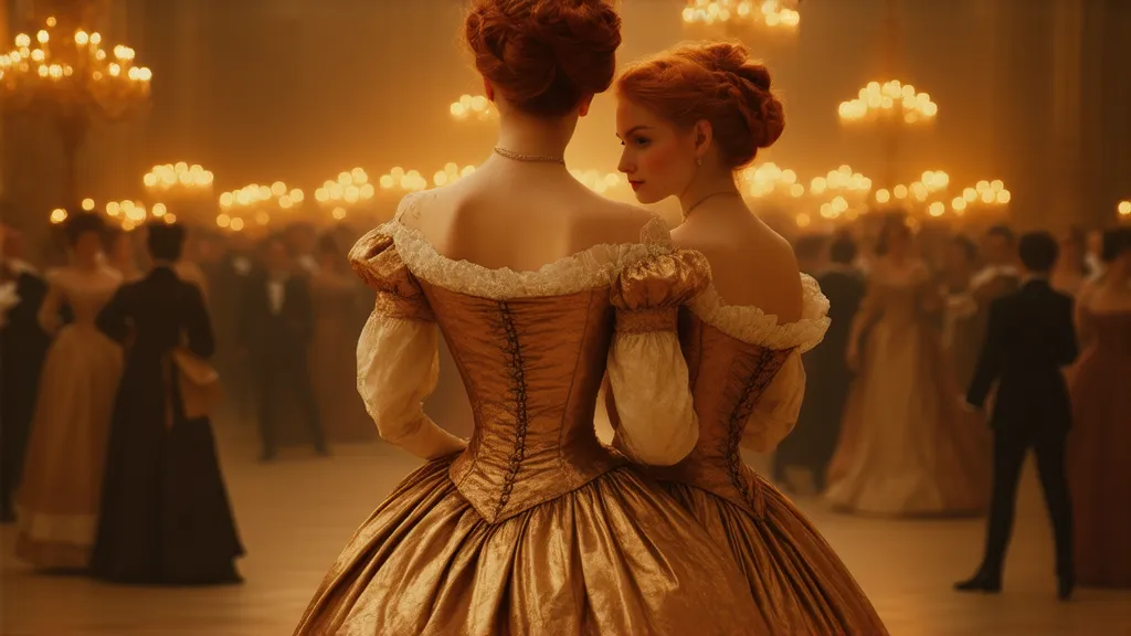 (Romance era:1.4) A grand ballroom in 1812, ablaze with golden candlelight. Duchess Charlotte (thick, rich radiant red-gold hair:1.3) in a (Stunning Regency updo:1.3), draped in a sapphire silk (Bridgerton style corseted gown:1.3), regal and commanding, ar...