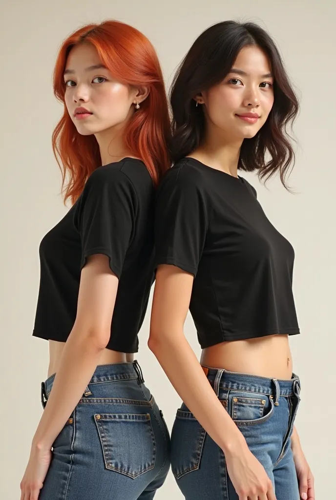 ** Description :**

Two women wearing black cotton crop tops, with short medium sleeves and round neck. One of them stands, with its back facing the spectator, while the other is looking directly forehead. . Both have a relaxed and natural posture, with re...