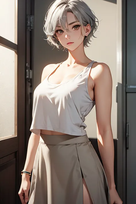 female, gray hair, Golden eyes, Short hair, medium breasts, white tank top, light gray skirt