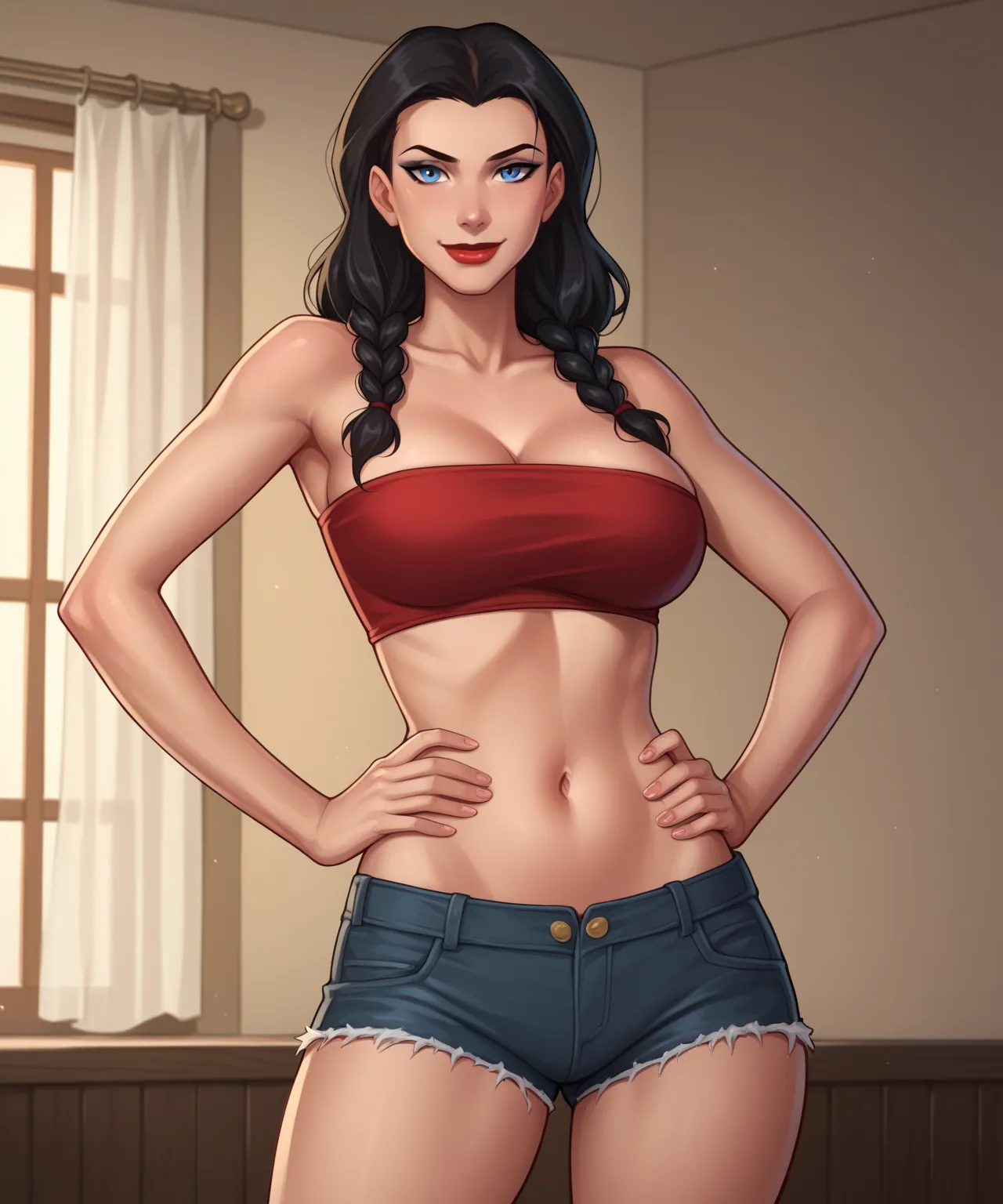 safe_pos, PonyXLV6_Scores BREAK ((parody style, parody), perfect anatomy, perfect eyes, cowboy shot), BREAK zatanna, black hair, waterfall braids, blue eyes, light red lipstick, black makeup, ((looking at viewer)), red velvet jean shorts, curvy, athletic, ...