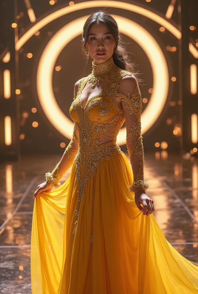 A woman in an elegant golden yellow dress with intricate gold embroidery and high collar, stands gracefully on the glamorous American got talent stage. The dress featured sheer long sleeves with delicate gold patterns, a fitted bodice with ornate detailing...