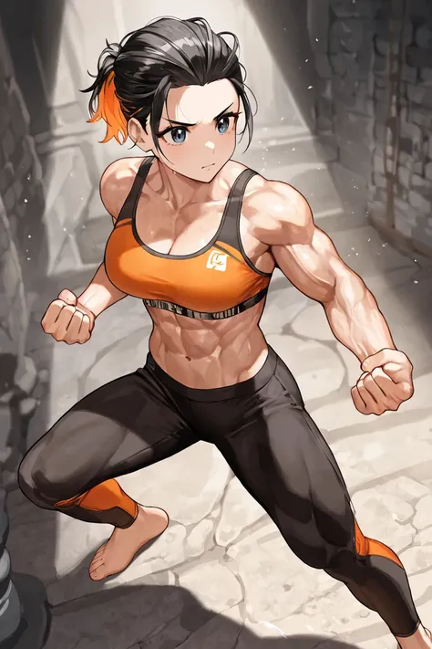 Women, dancer, fit toned athletic body, black slicked back hair, orange sports bra, orange stirrup pants, bare foot, toned midriff