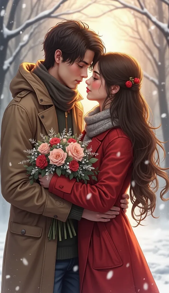 Young woman long wavy hair, standing with a young man, in winter clothes, woman has a red coat young man with one hand embraces a woman, and with the other hand gives a bouquet of flowers 