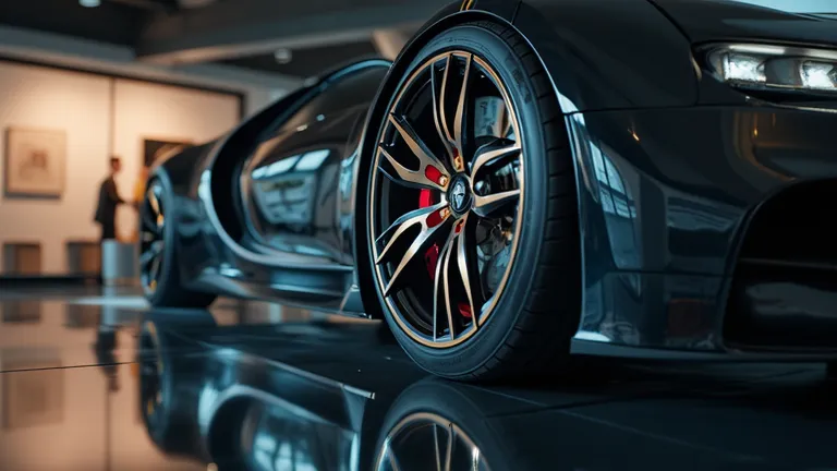 A cinematic shot capturing the Bugatti Bolide’s wheels and carbon-ceramic brake system. The lighting and reflections on the polished showroom floor emphasize the high-performance engineering of the braking system.  
